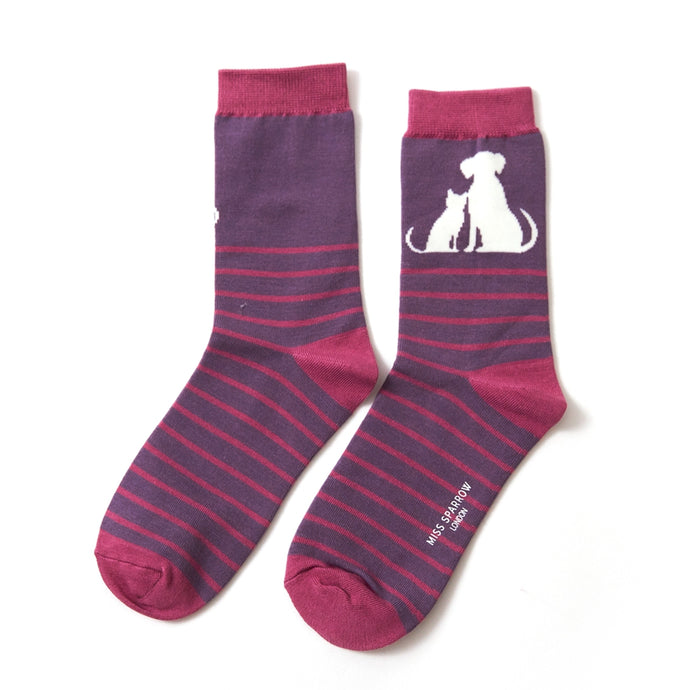 Cat & Dog Stripe Socks Purple