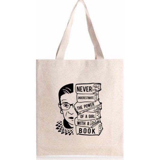 Ruth Bader Gingsburg Tote Bag never underestimate the power of a girl with a book, RBG quote, graduation, school leaver, teacher
