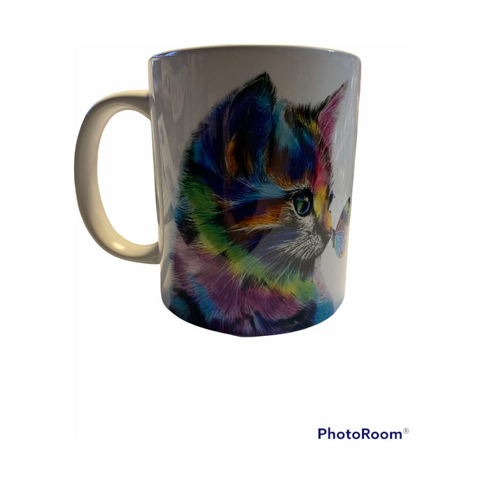 Stunning Rainbow Cat with butterfly mug, cat lover’s mug