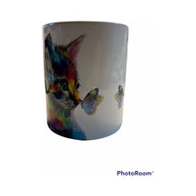Load image into Gallery viewer, Stunning Rainbow Cat with butterfly mug, cat lover’s mug
